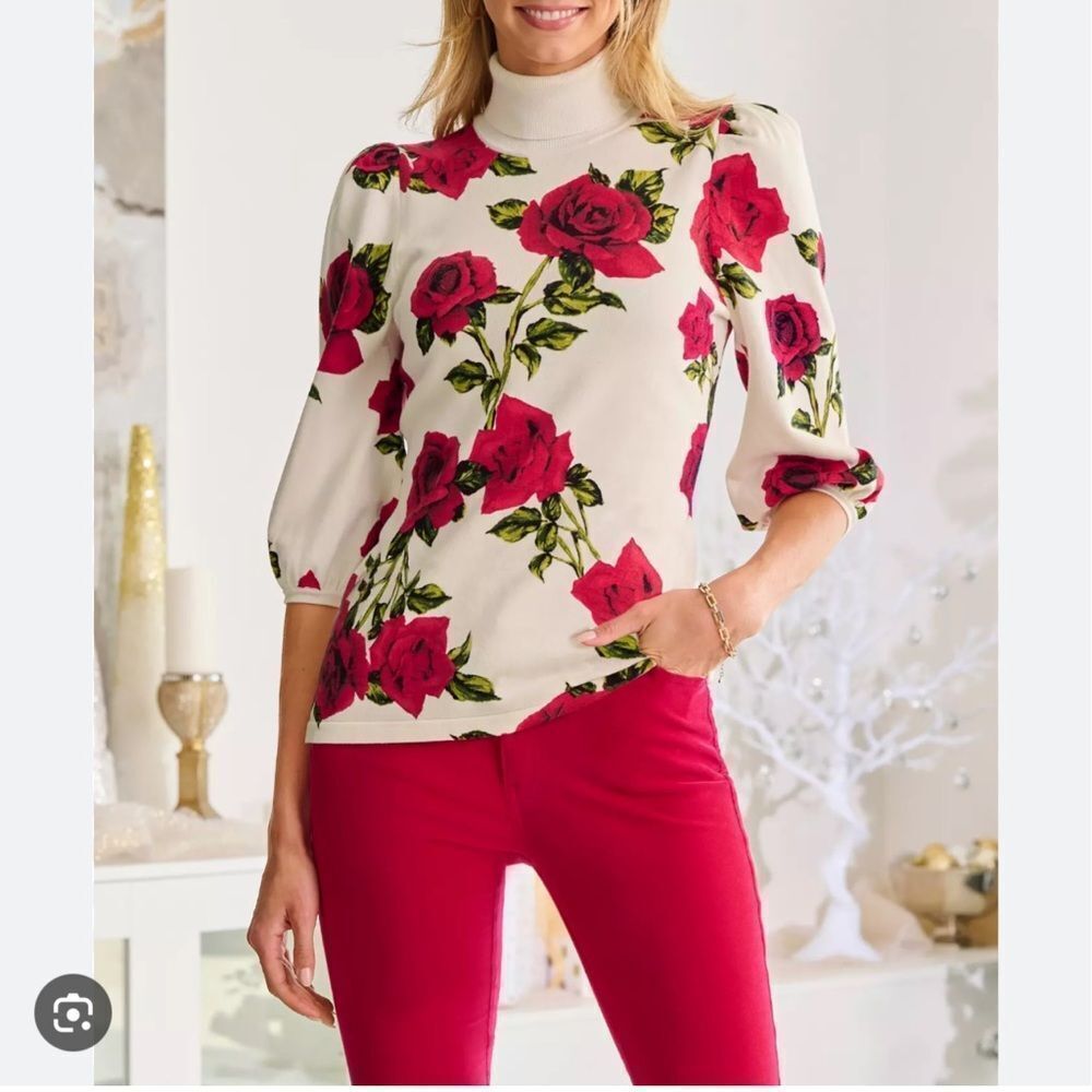 Boston Proper Rose Printed Turtleneck Sweater XL
